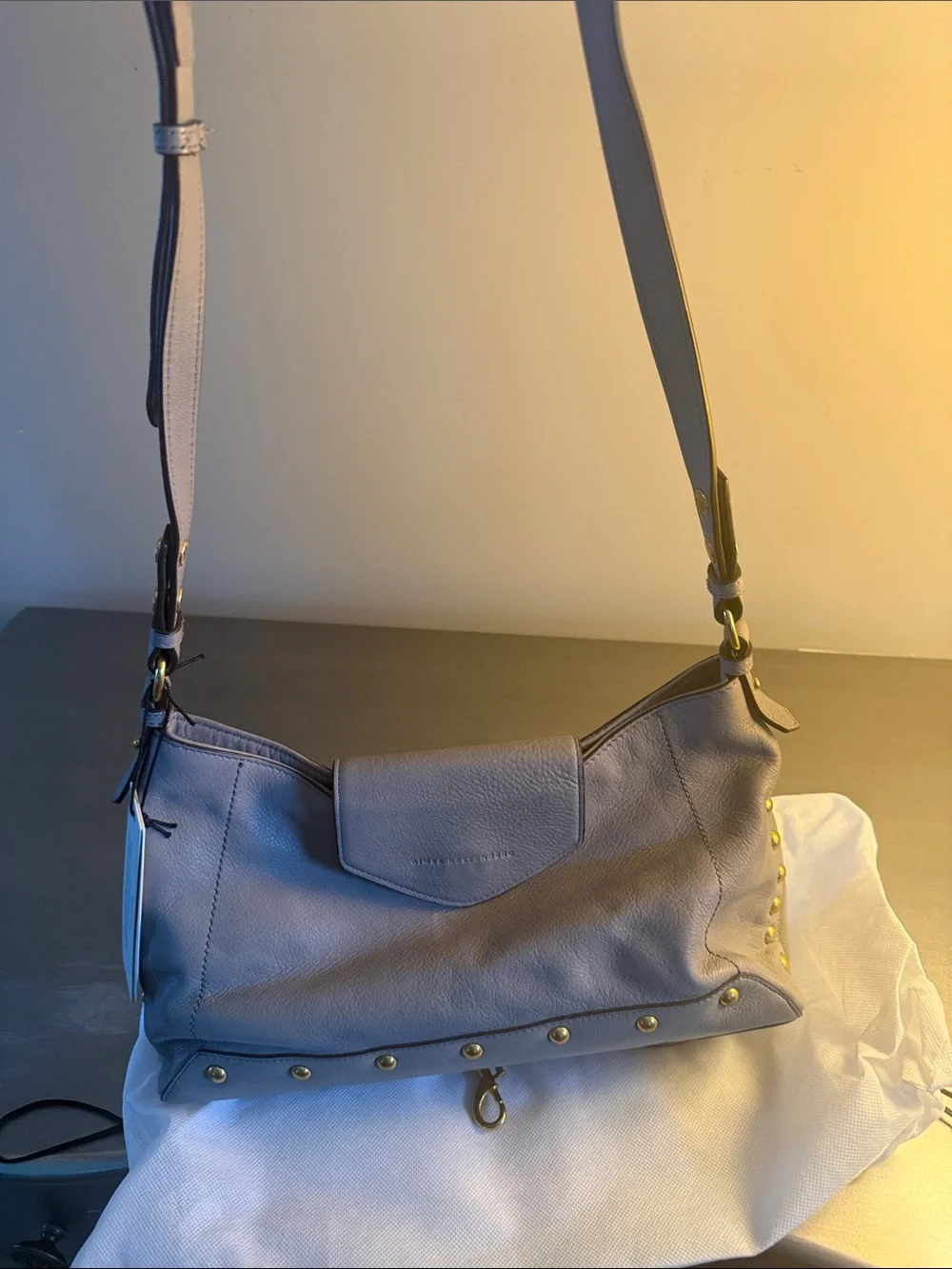 Aimee Kestenberg Taupe Leather Shoulder Bag with Gold Hardware